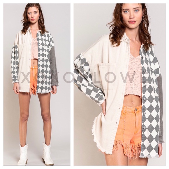 1 L POL Retro 90s Color Block Harlequin Print Denim Twill Shacket - Picture 8 of 14